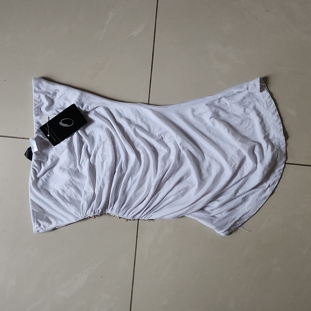 New! White Stretch Tube Top with Metal Embellishment Cut Out Side